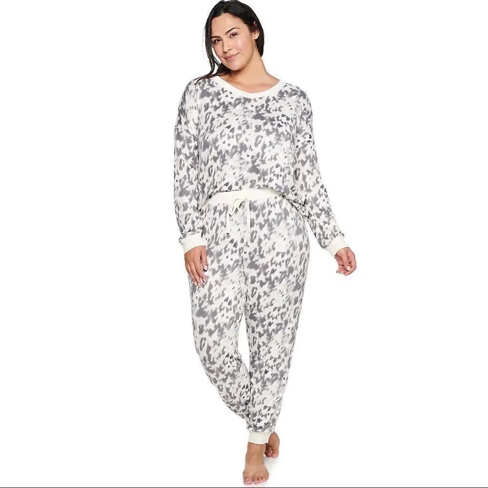 NWT Plus Size 3X Sonoma 2,Pc V-Neck Pajama Top & Pants Sleep Set Gray Leopard